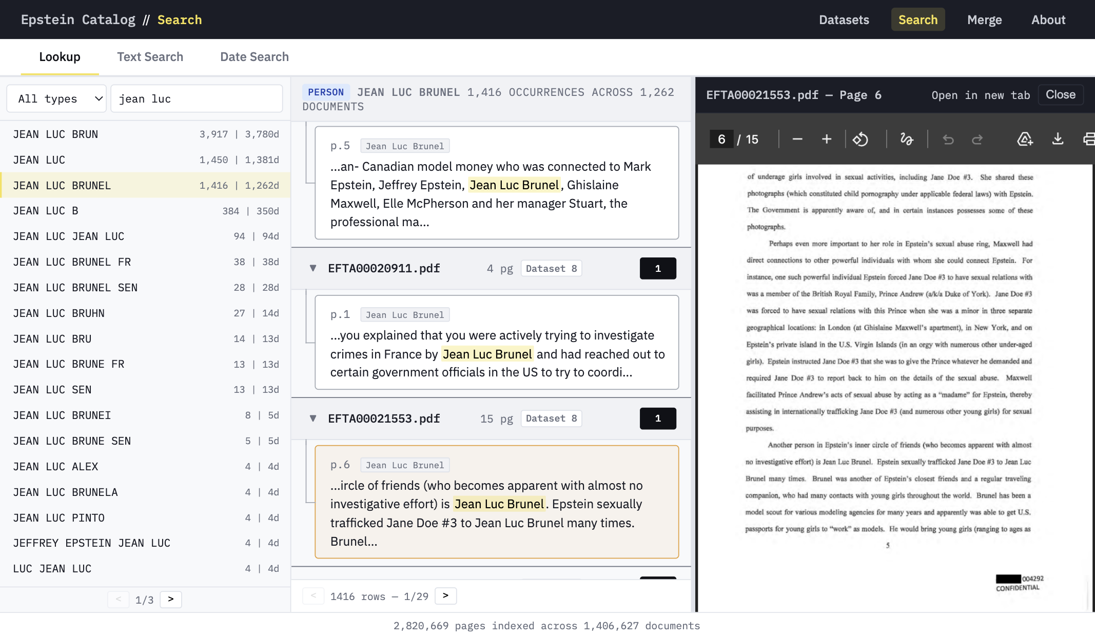 Entity search panel with results and PDF preview