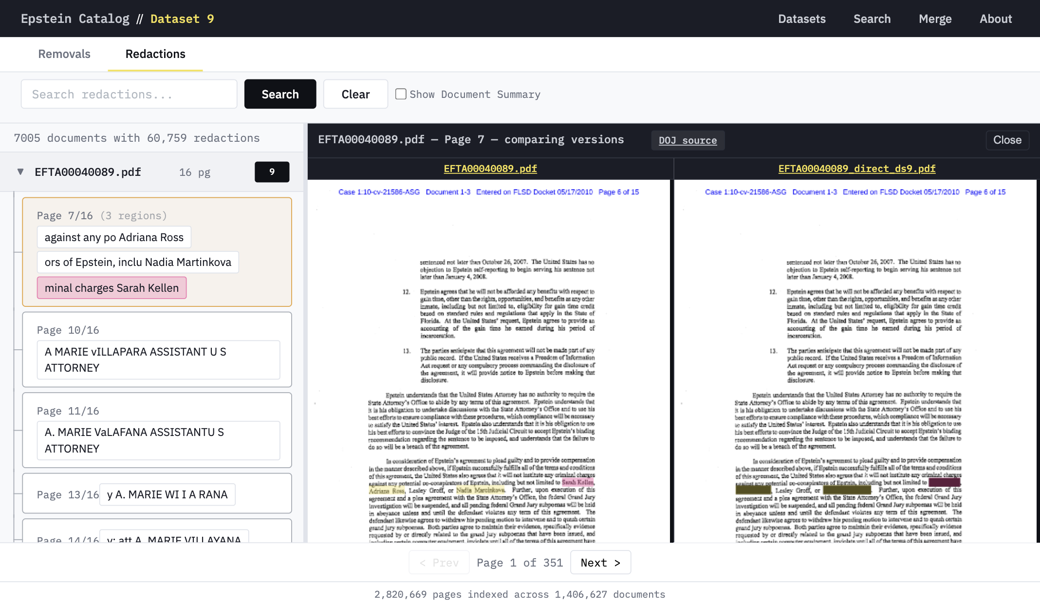 Side-by-side diff viewer showing redacted text